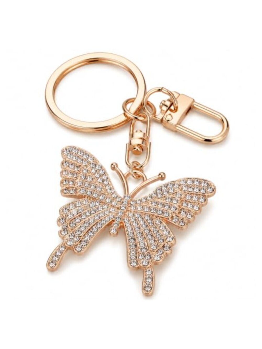 Rhinestone Butterfly Keychain Rose Gold Tone Alloy Key Charm for Handbag Purse